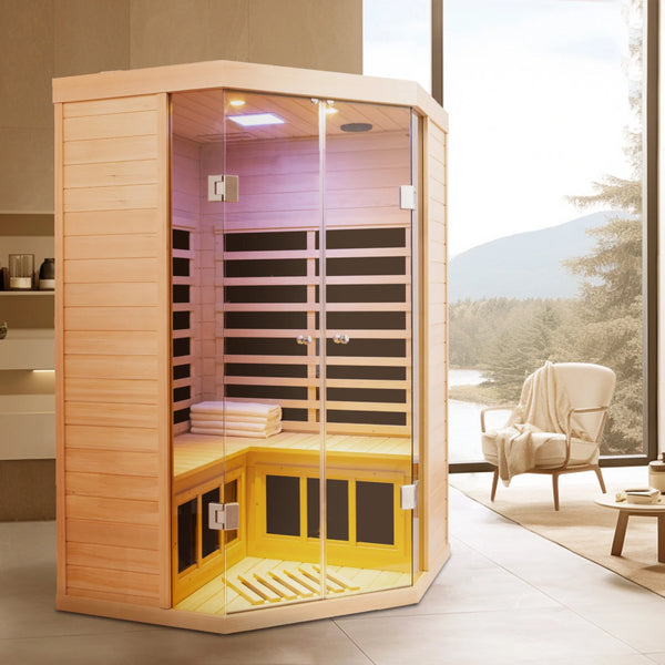 Far Infrared Sauna Room Designed for Home Relaxation, 2-Person Corner, Hemlock Wood, Seven Heating Panels