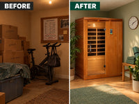 Infrared Home Sauna Built for Three Person Capacity, Canadian Hemlock Construction, 7 Ultra-Low EMF Panels — Before & After