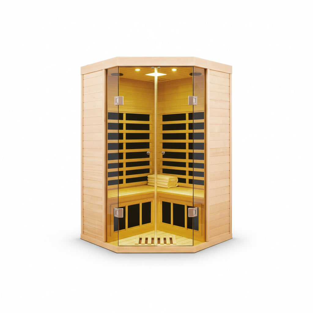 2-Person Corner Far Infrared Sauna Room - Hemlock Wood, Deluxe Transparent Glass Front, Large Capacity Home Sauna