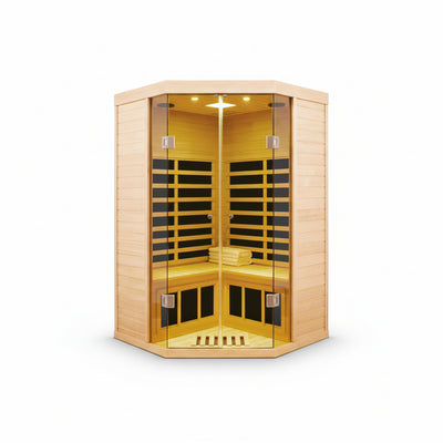 Far Infrared Sauna Room Designed for Home Relaxation, 2-Person Corner, Hemlock Wood, Seven Heating Panels