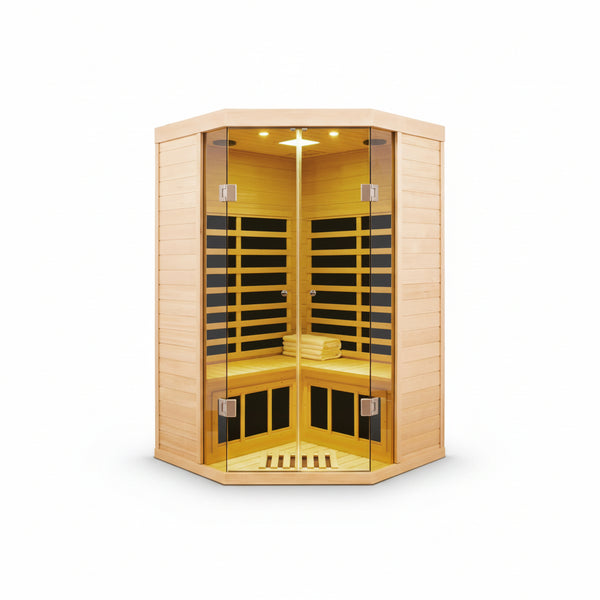 2-Person Corner Far Infrared Sauna Room - Hemlock Wood, Deluxe Transparent Glass Front, Large Capacity Home Sauna