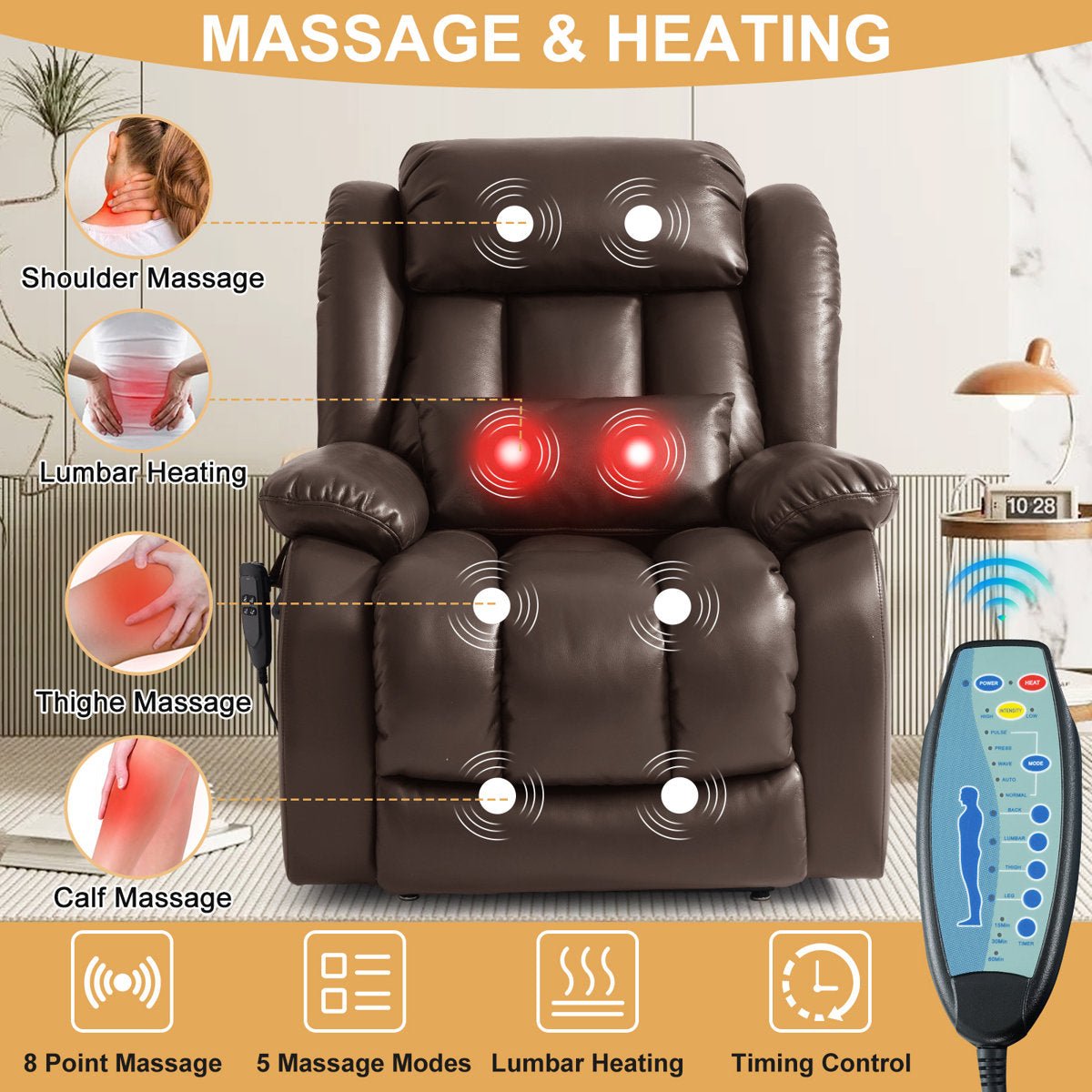 Lay Flat Power Lift Chair Recliner with Heat & Massage