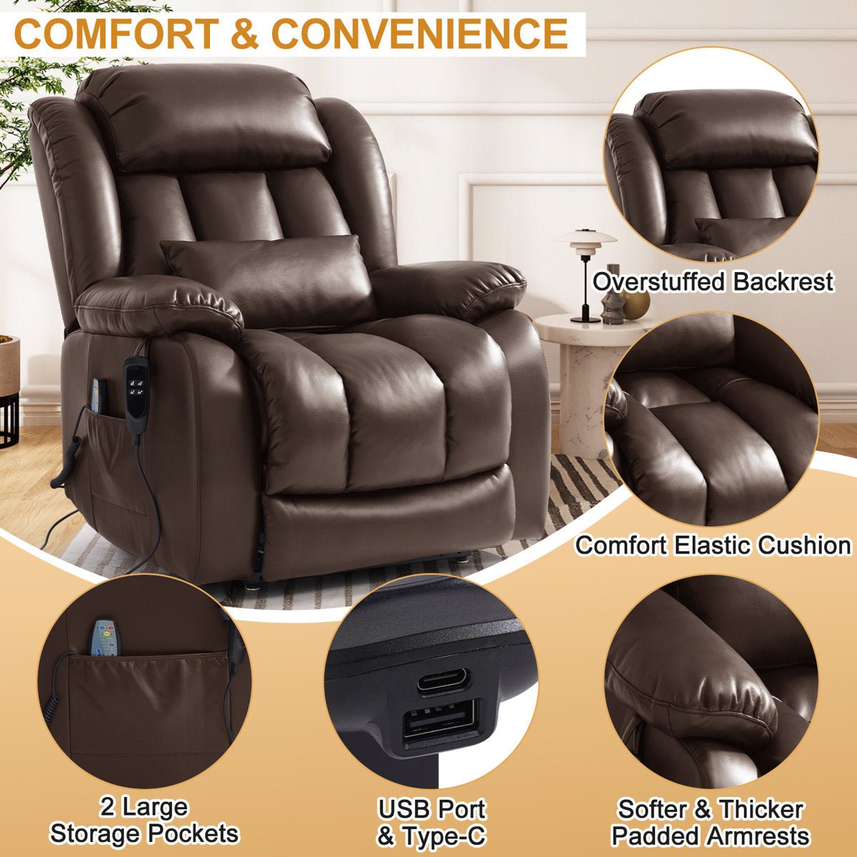 Lay Flat Power Lift Chair Recliner with Heat & Massage
